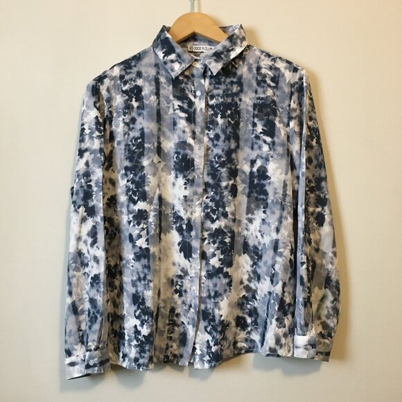Coco Y Club White and Blue Floral Tie Dye Print Rayon Button Down Shirt - Picture 1 of 15